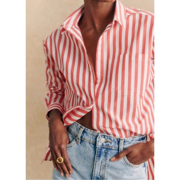 Sezane Tops - Sezane Coral and White Striped Button-Down Shirt